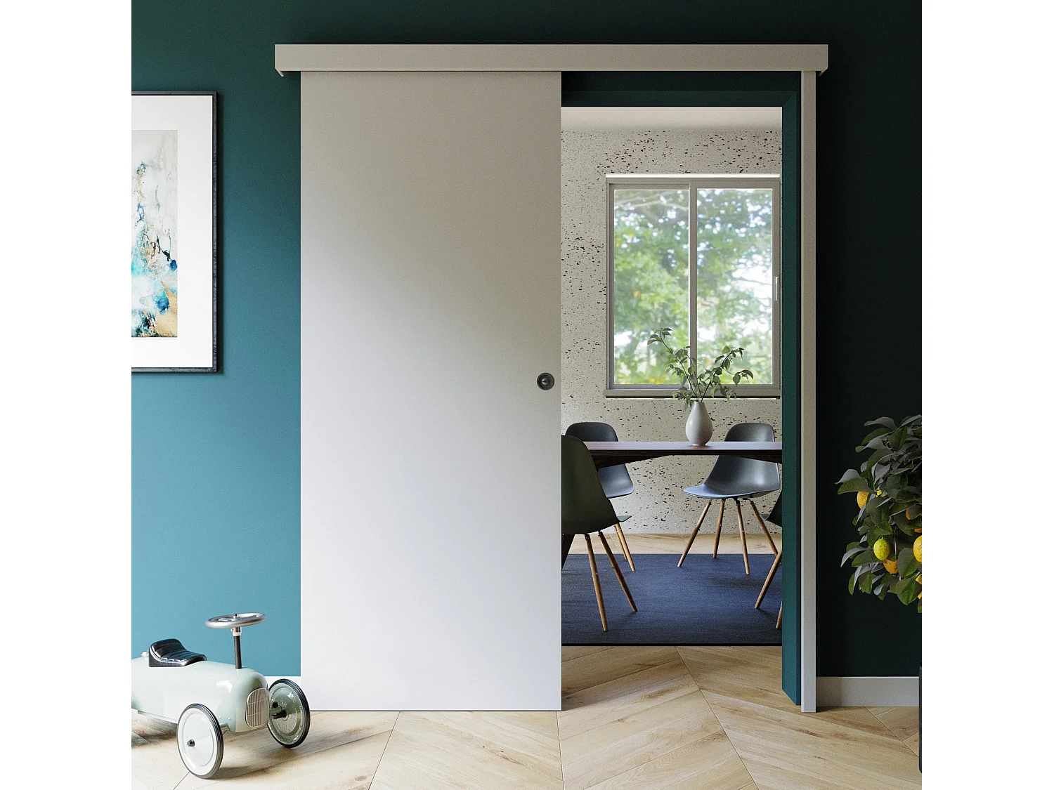 Porte Coulissante avec Rail + Serrure - Prépeinte Plane 83 cm