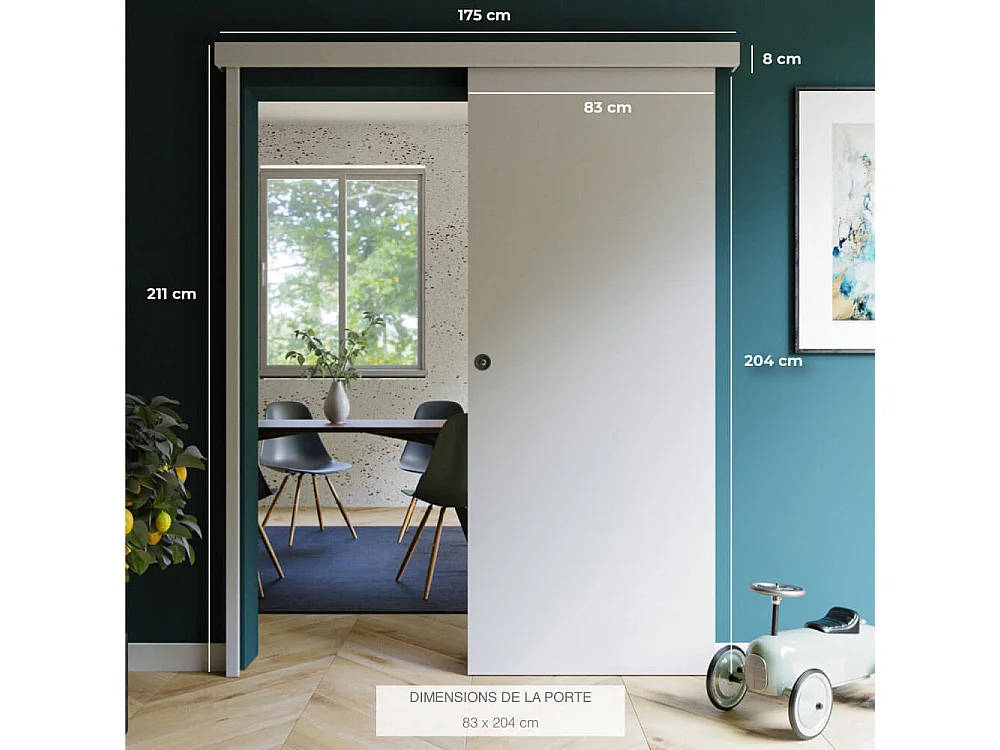 Porte Coulissante avec Rail + Serrure - Prépeinte Plane 83 cm