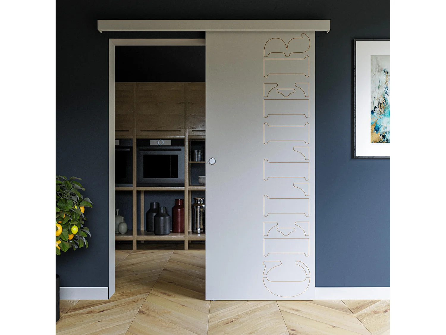 Porte Coulissante avec Rail - Prépeinte Gravée Cellier 83 cm - Typo 1, Poignée gauche