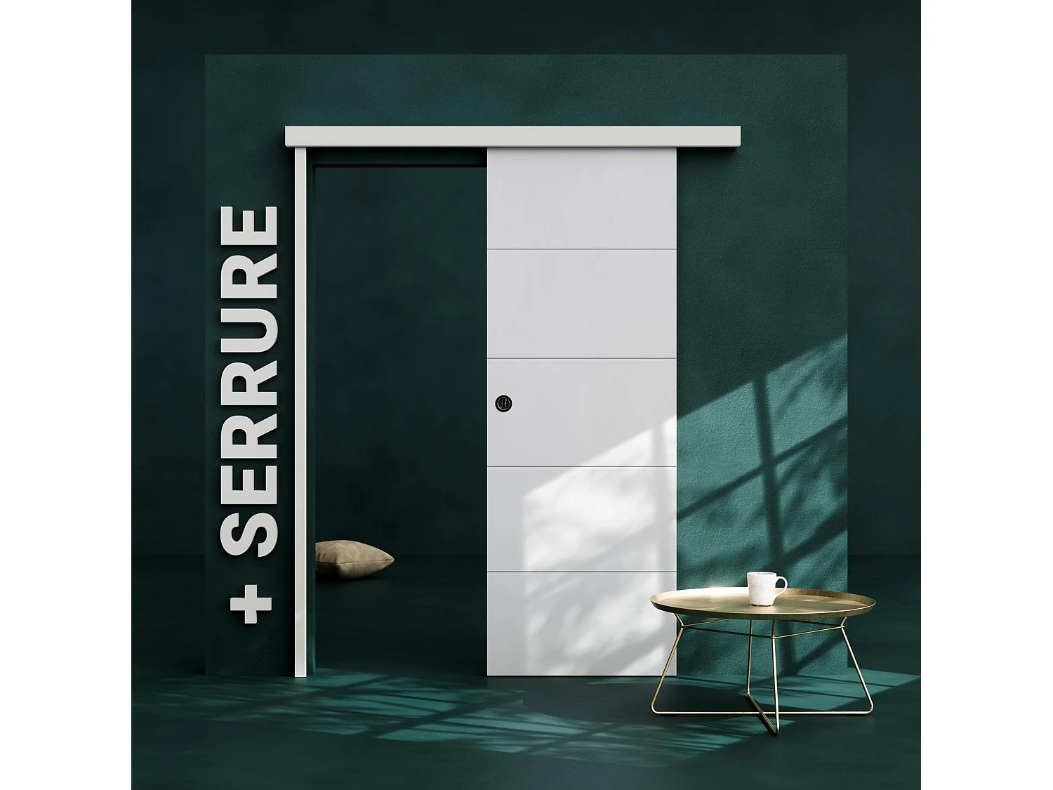 Porte Coulissante avec Rail + Serrure - Prépeinte Ligne 73 cm