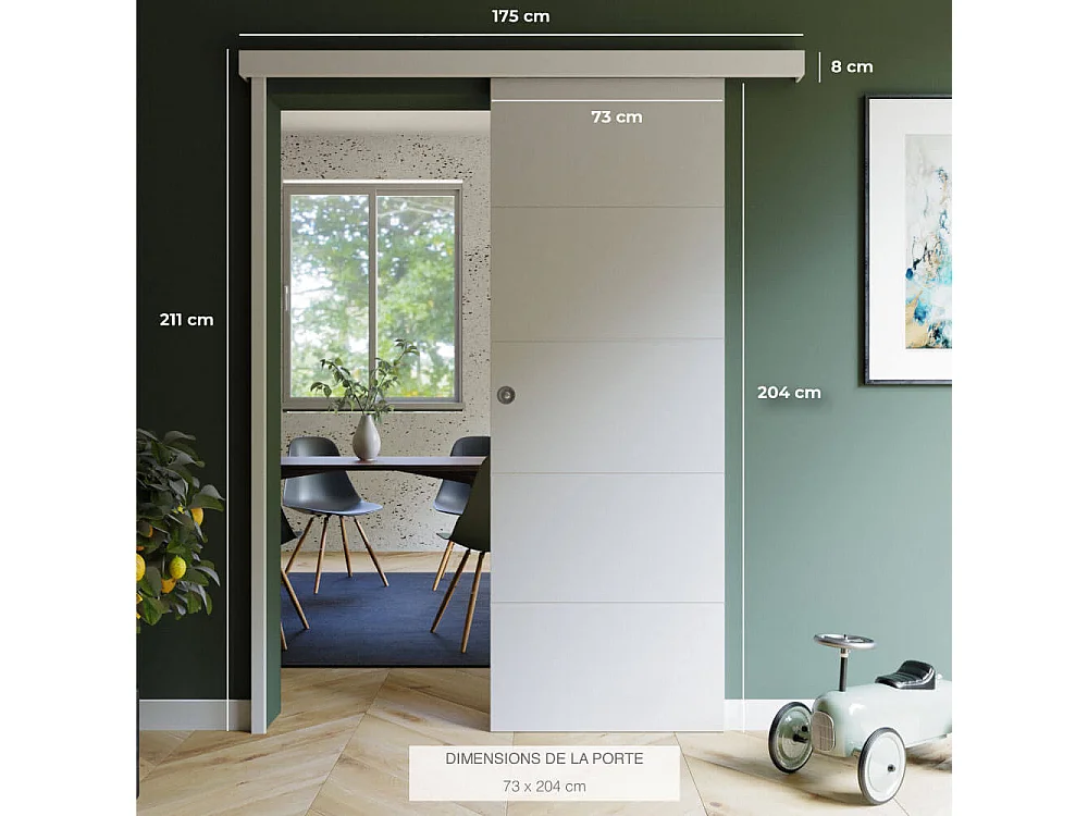 Porte Coulissante avec Rail + Serrure - Prépeinte Ligne 73 cm