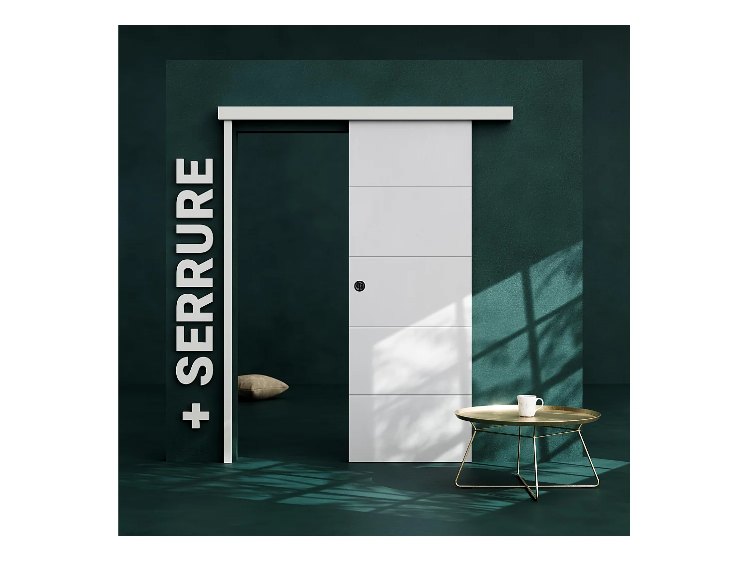 Porte Coulissante avec Rail + Serrure - Prépeinte Ligne 73 cm