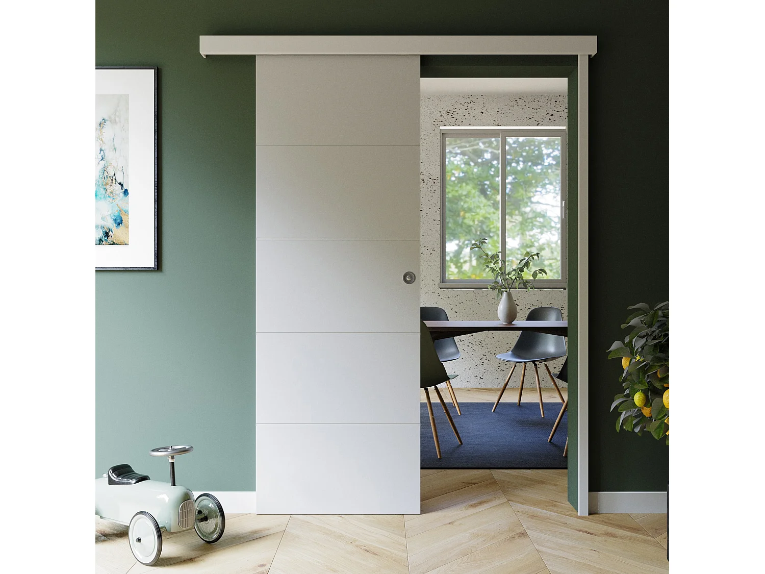 Porte Coulissante avec Rail + Serrure - Prépeinte Ligne 73 cm