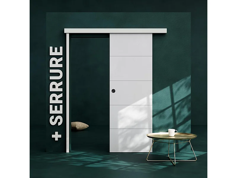 Porte Coulissante avec Rail + Serrure - Prépeinte Ligne 73 cm