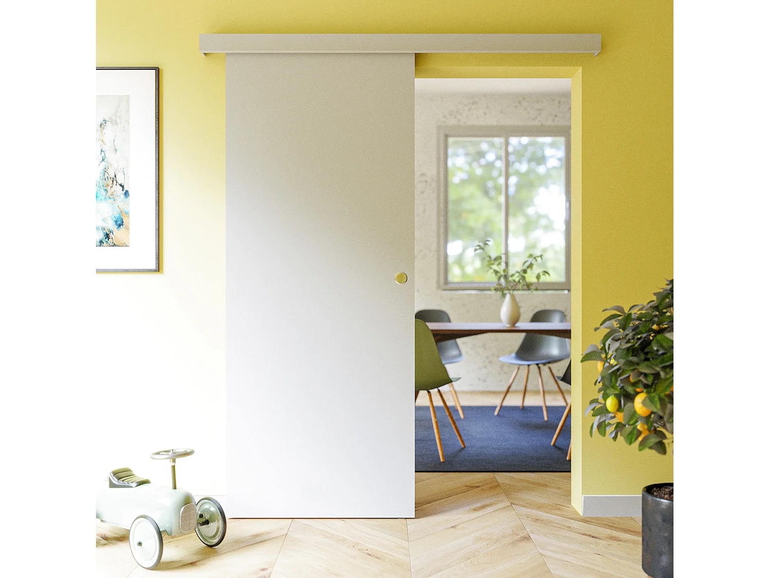 Porte Coulissante avec Rail - Prépeinte Plane 83 cm - Sans butée