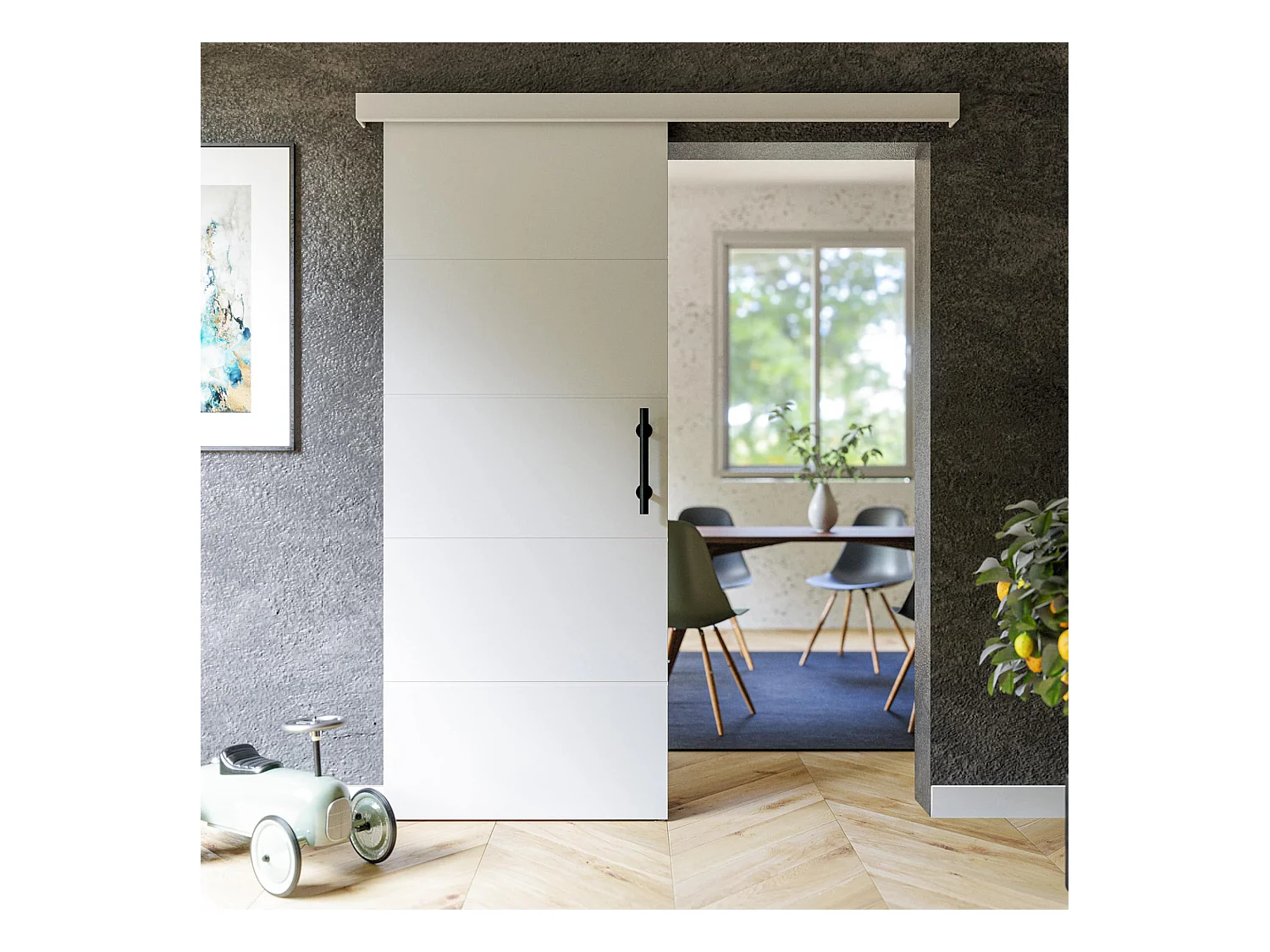 Porte Coulissante avec Rail + Poignée Verticale - Laquée Ligne 83 cm
