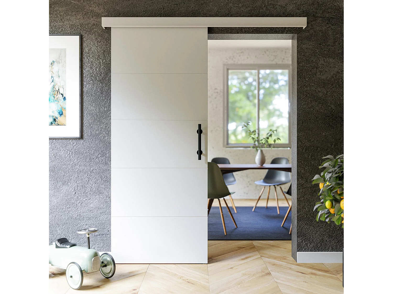 Porte Coulissante avec Rail + Poignée Verticale - Laquée Ligne 83 cm