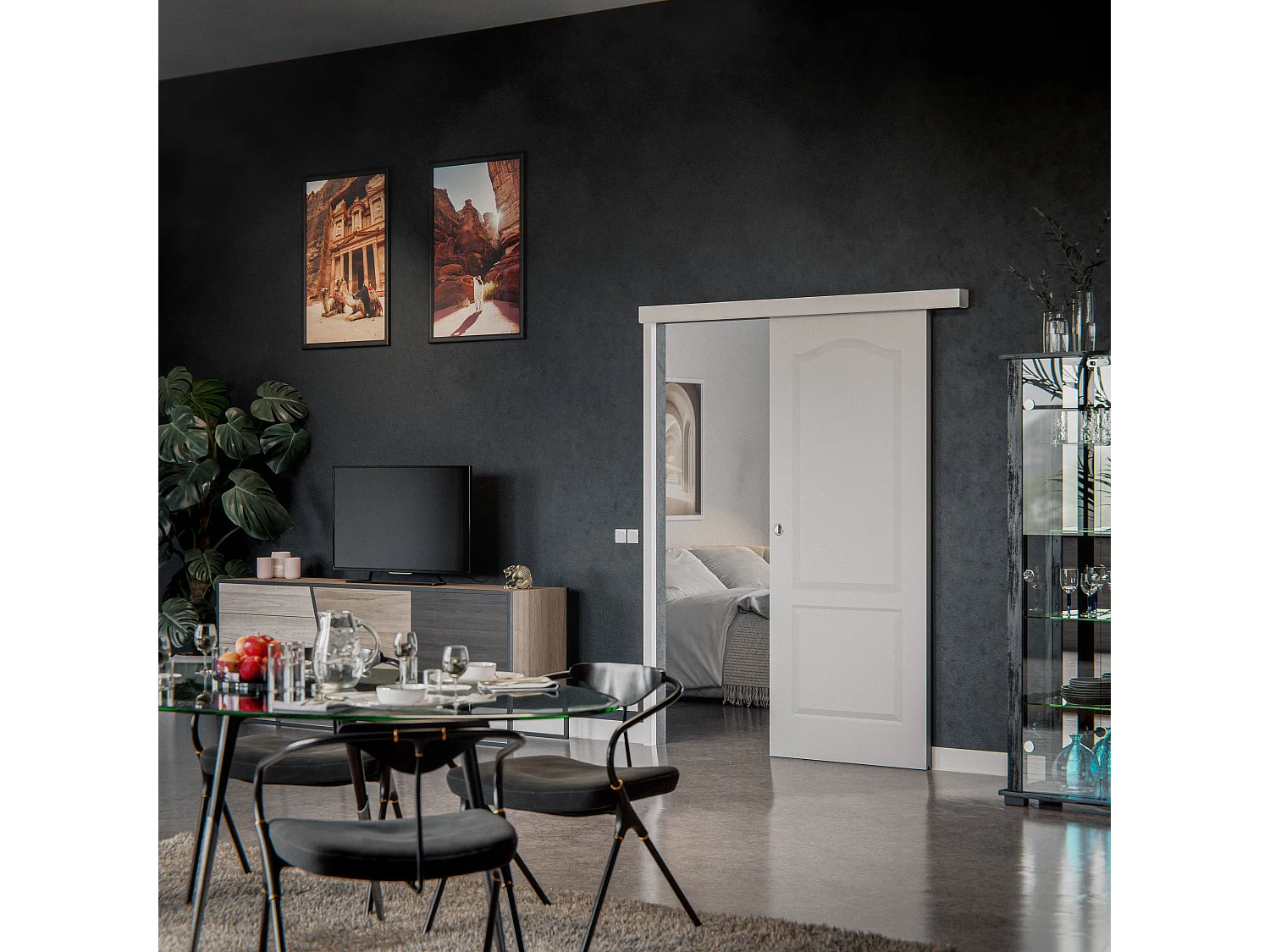 Porte Coulissante avec Rail - Prépeinte Marseille 83 cm - Avec butée