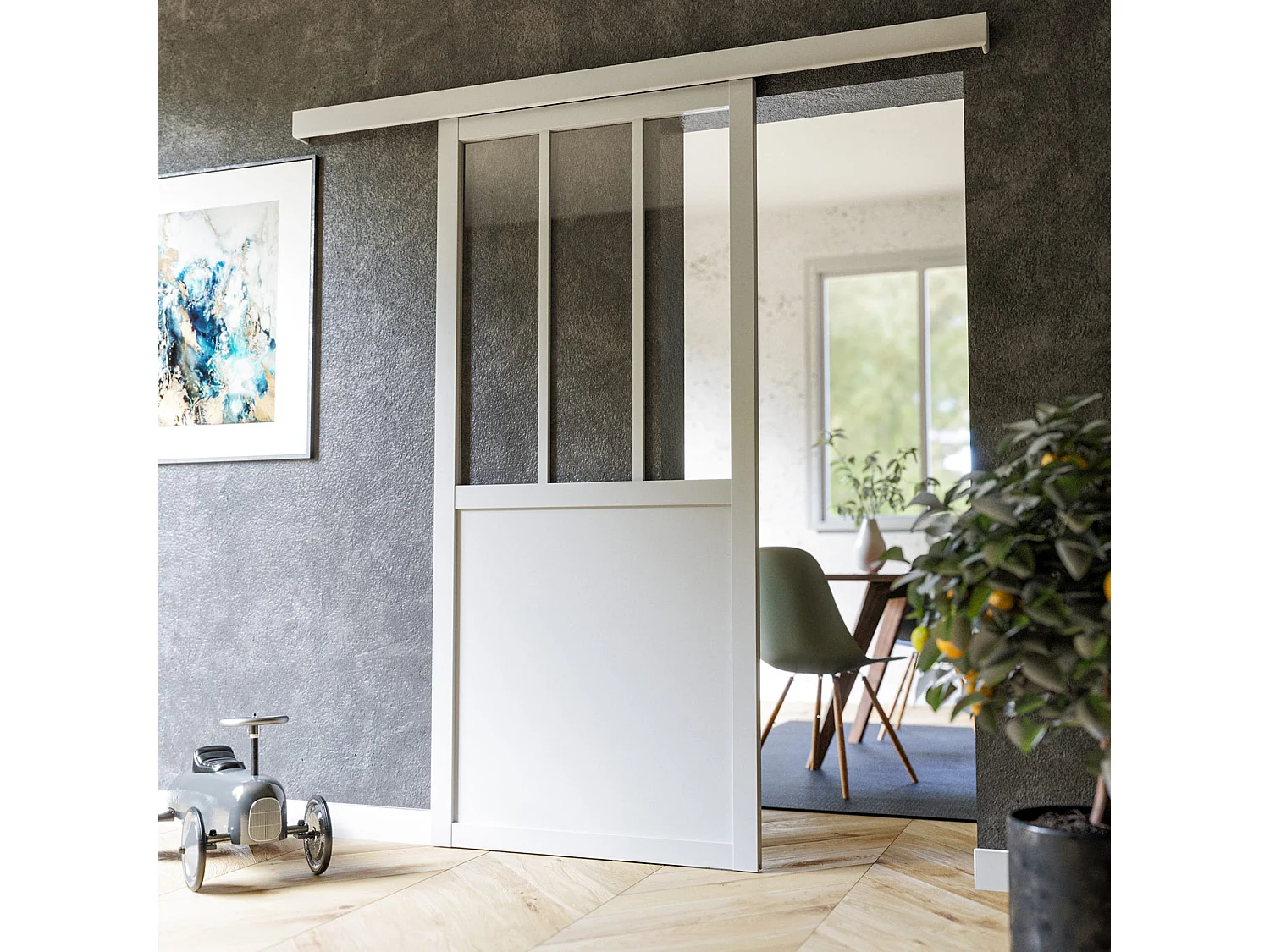 Porte Coulissante avec Rail - Atelier Blanche 83 cm - Sans poignée