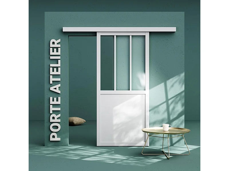 Porte Coulissante avec Rail - Atelier Blanche 83 cm - Sans poignée
