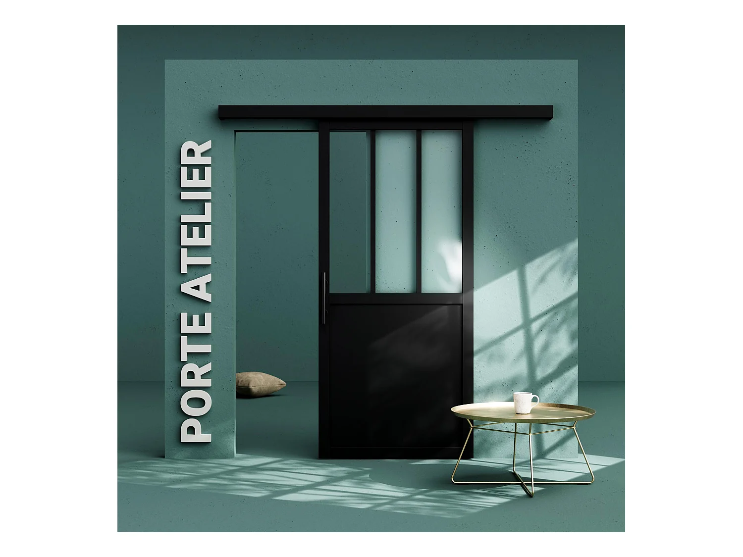 Porte Coulissante avec Rail - Atelier Noire 83 cm - Avec poignée