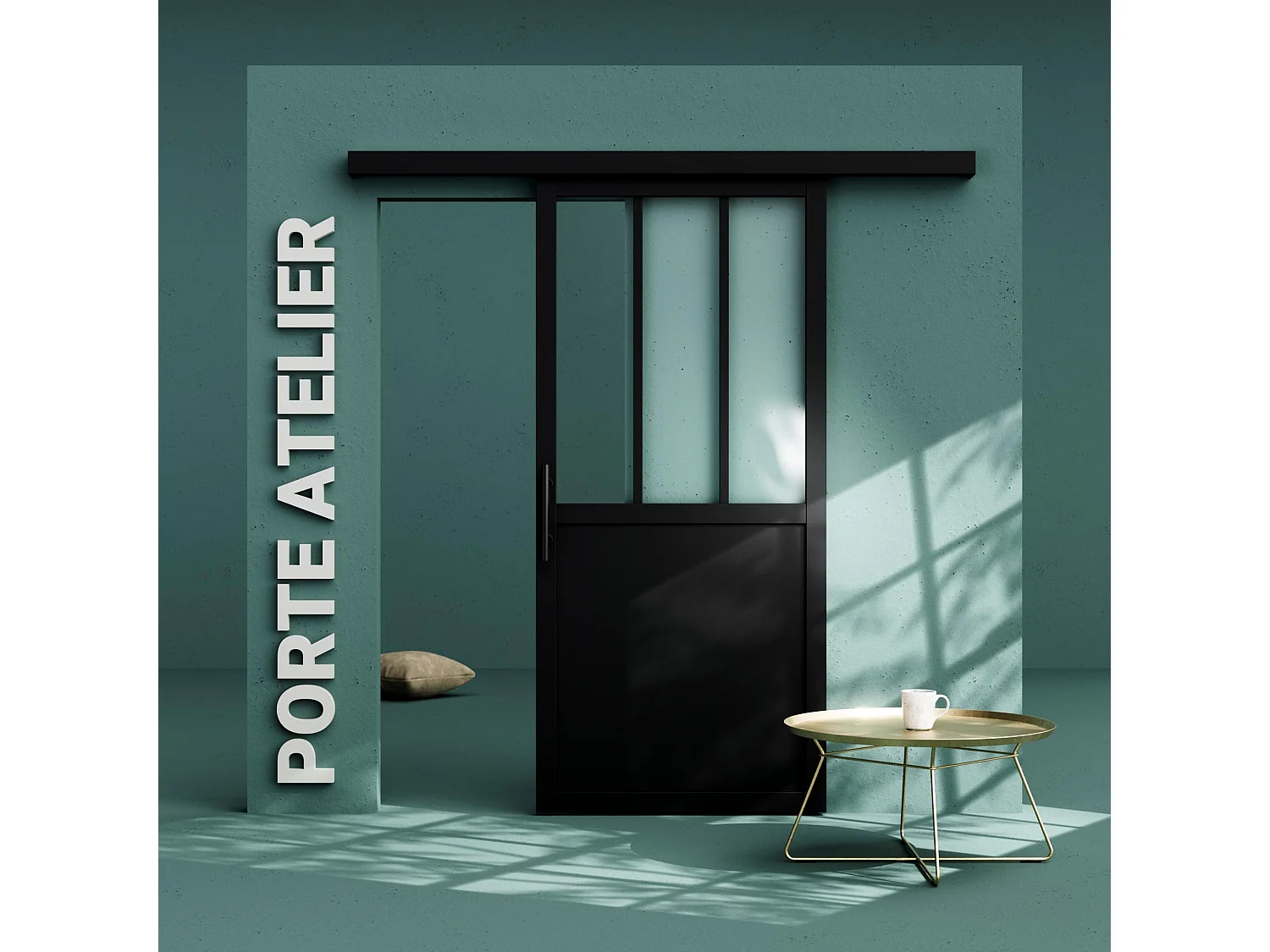 Porte Coulissante avec Rail - Atelier Noire 83 cm - Avec poignée