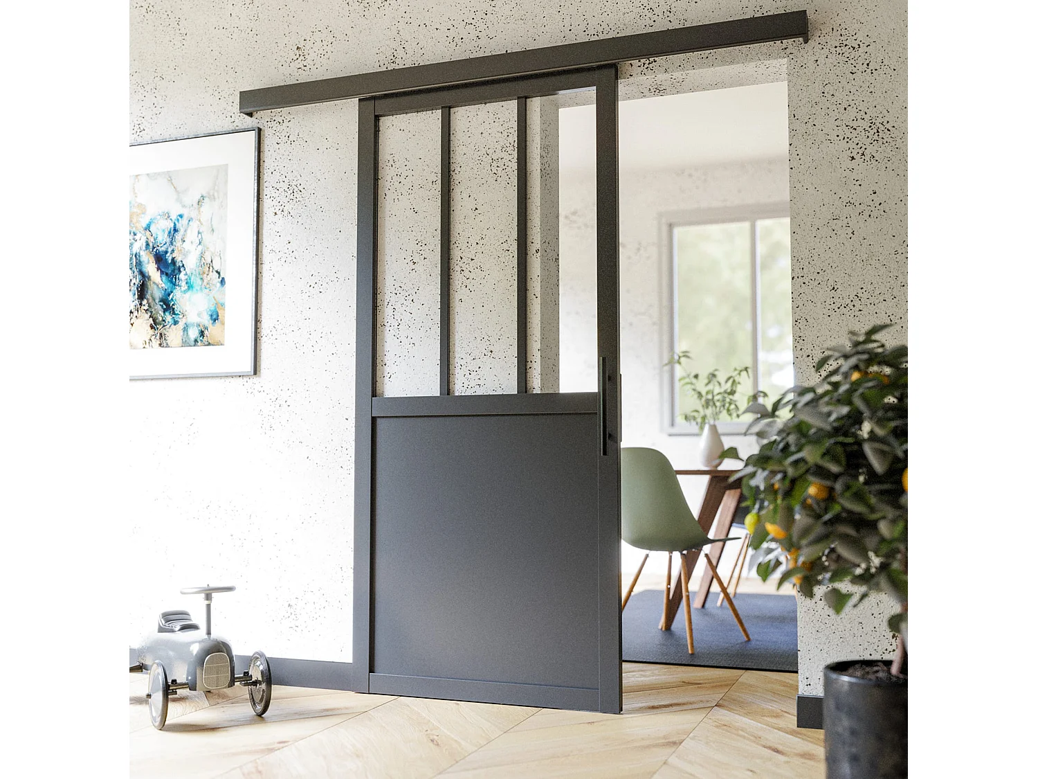 Porte Coulissante avec Rail - Atelier Noire 83 cm - Avec poignée