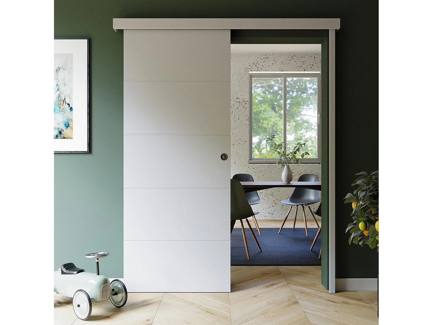 Porte Coulissante avec Rail + Serrure - Prépeinte Ligne 83 cm