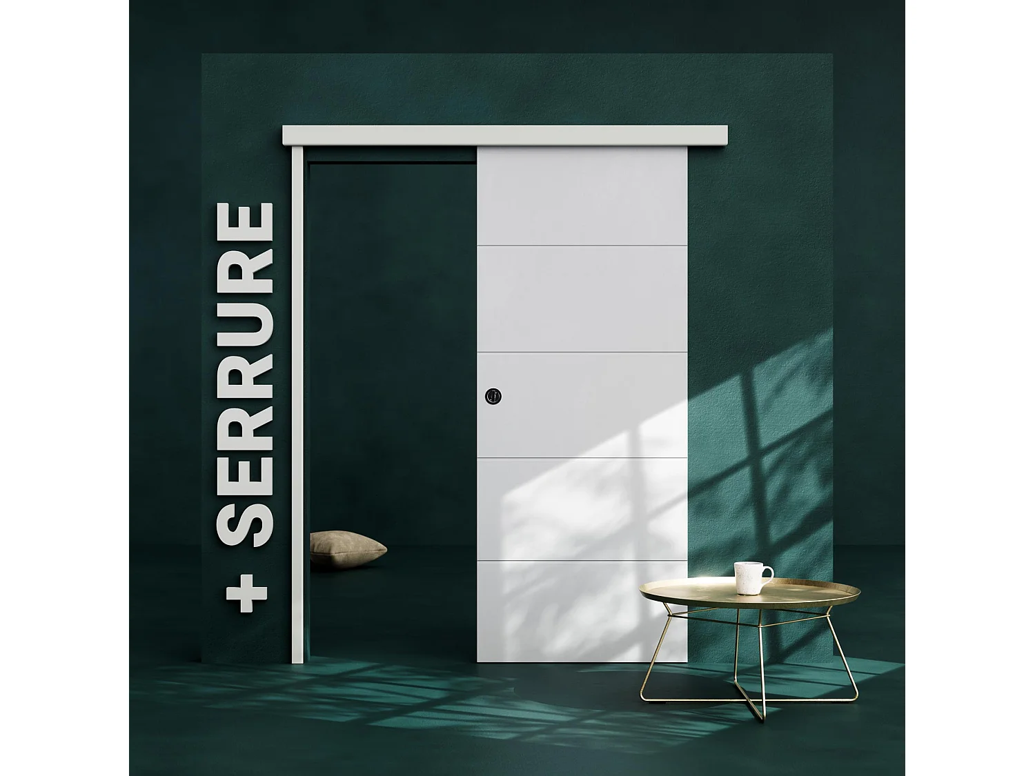 Porte Coulissante avec Rail + Serrure - Prépeinte Ligne 83 cm