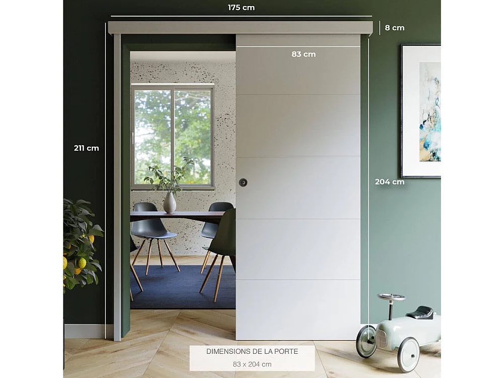 Porte Coulissante avec Rail + Serrure - Prépeinte Ligne 83 cm