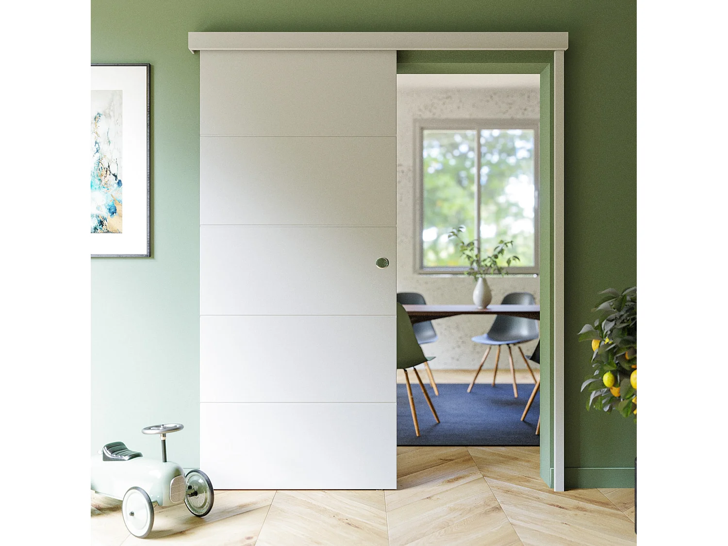 Porte Coulissante avec Rail - Prépeinte Ligne 93 cm - Avec butée