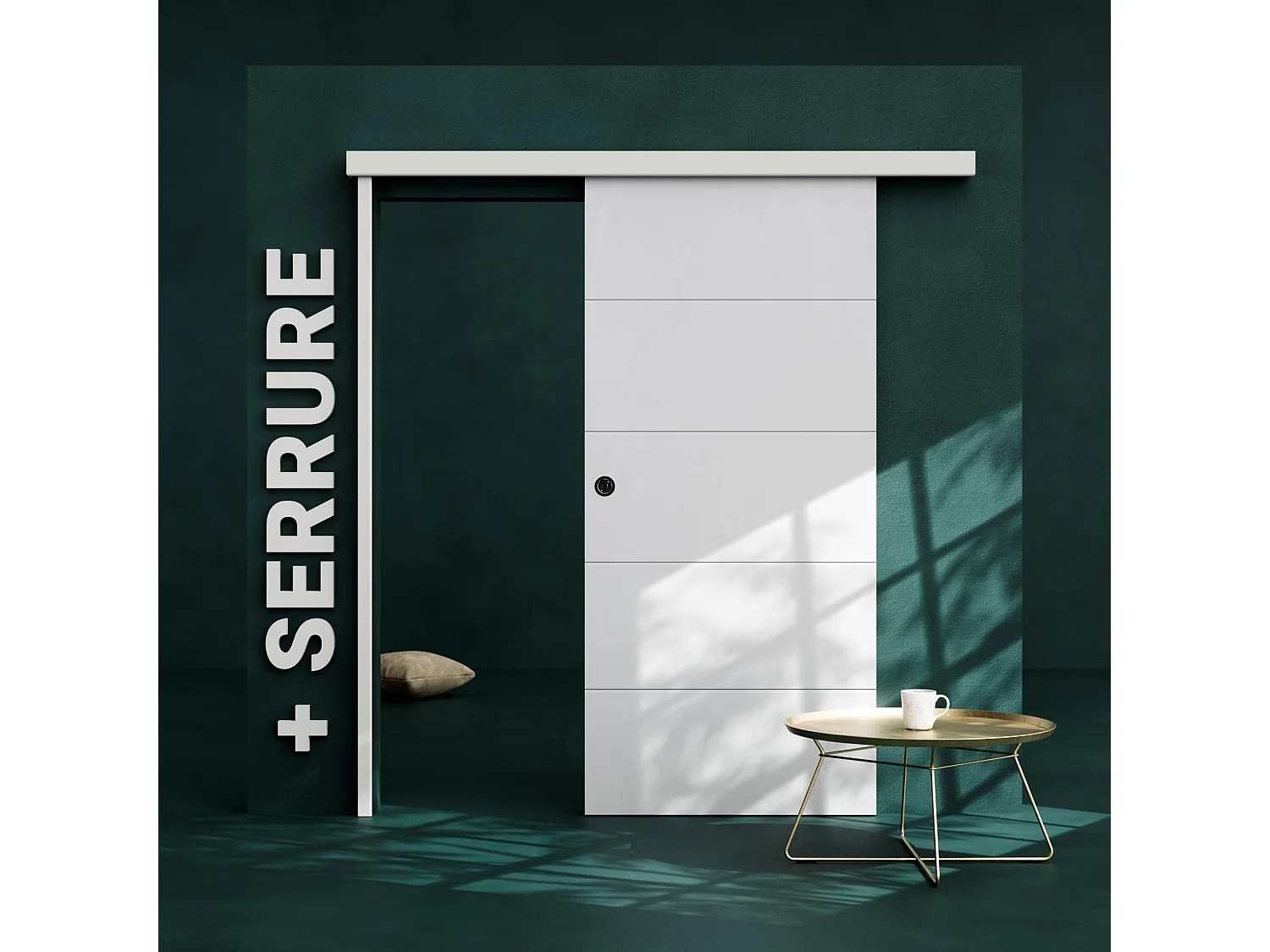 Porte Coulissante avec Rail + Serrure - Prépeinte Ligne 93 cm