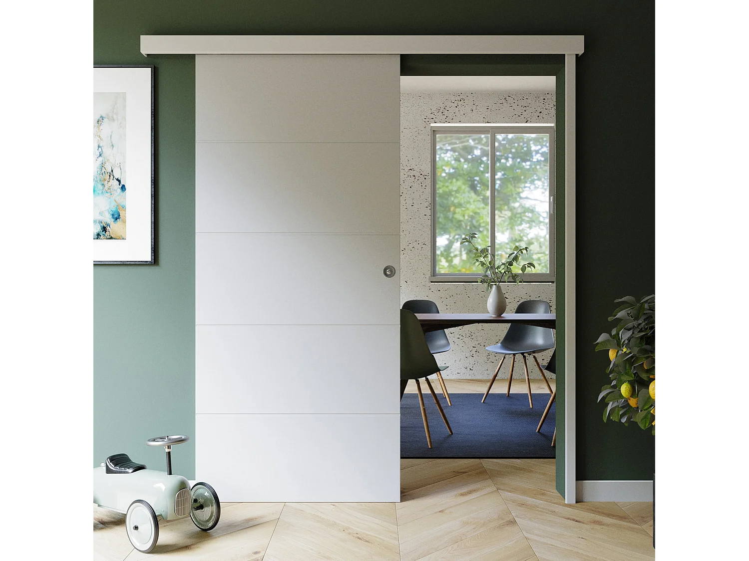 Porte Coulissante avec Rail + Serrure - Prépeinte Ligne 93 cm