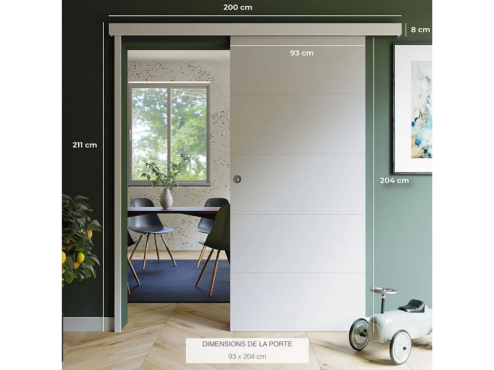 Porte Coulissante avec Rail + Serrure - Prépeinte Ligne 93 cm