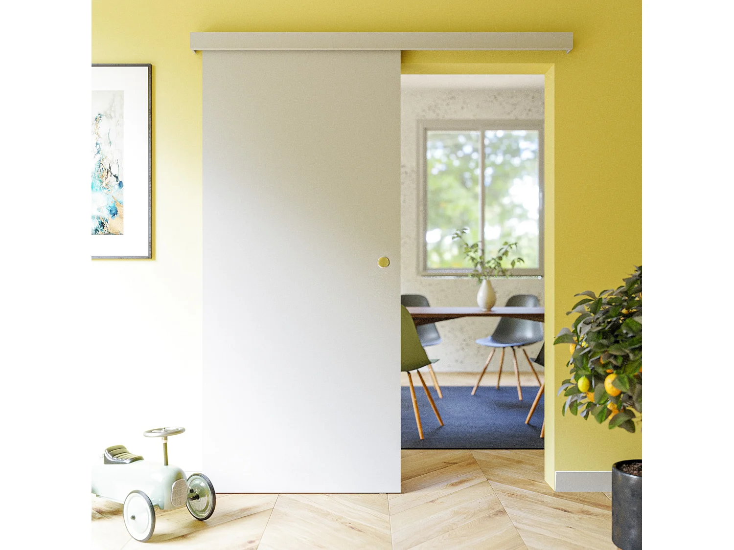 Porte Coulissante avec Rail - Prépeinte Plane 93 cm - Sans butée