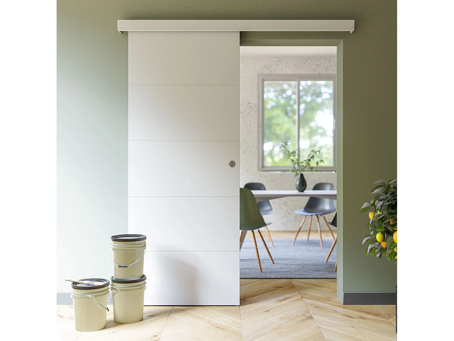 Porte Coulissante avec Rail - Prépeinte Ligne 83 cm - Sans butée