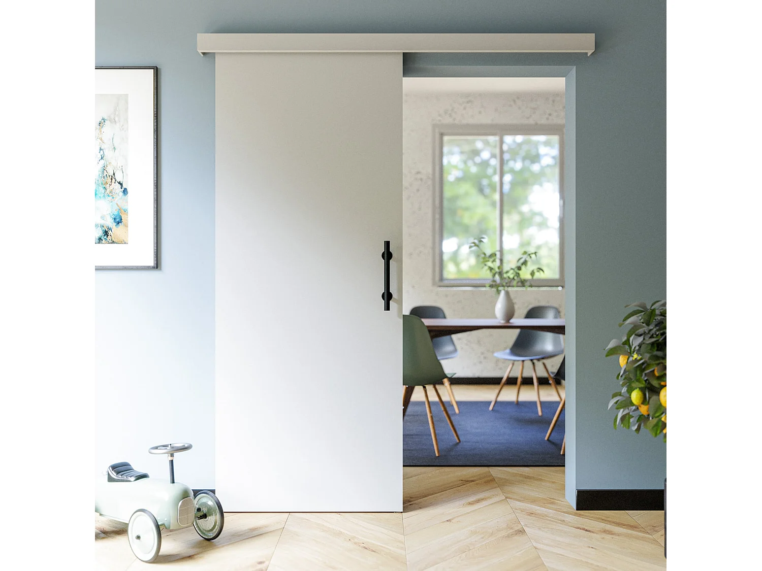 Porte Coulissante avec Rail + Poignée Verticale - Laquée Blanche 83 cm