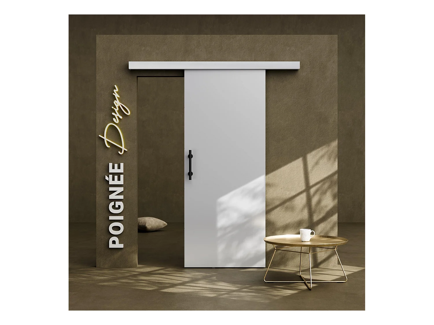 Porte Coulissante avec Rail + Poignée Verticale - Laquée Blanche 83 cm