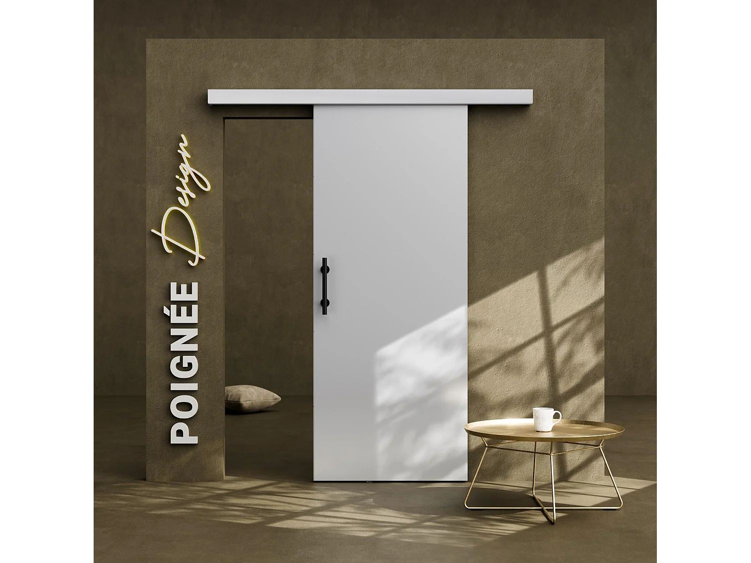 Porte Coulissante avec Rail + Poignée Verticale - Laquée Blanche 83 cm