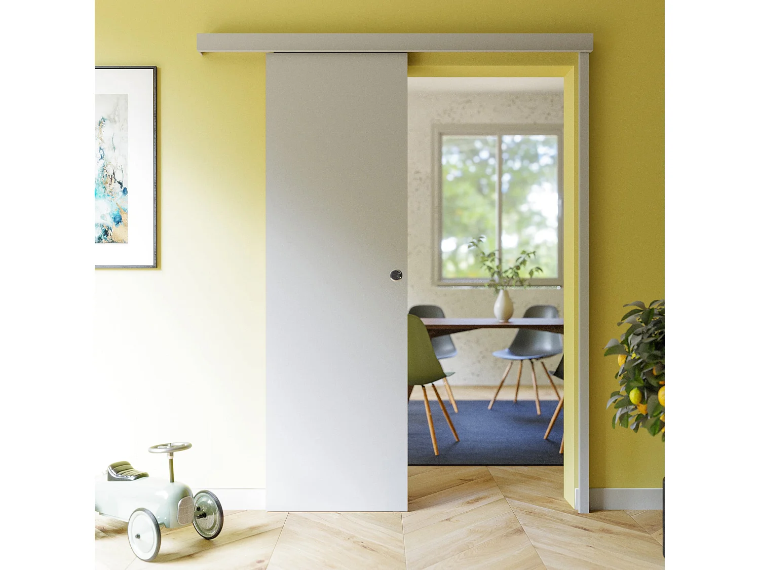 Porte Coulissante avec Rail - Prépeinte Plane 63 cm - Avec butée