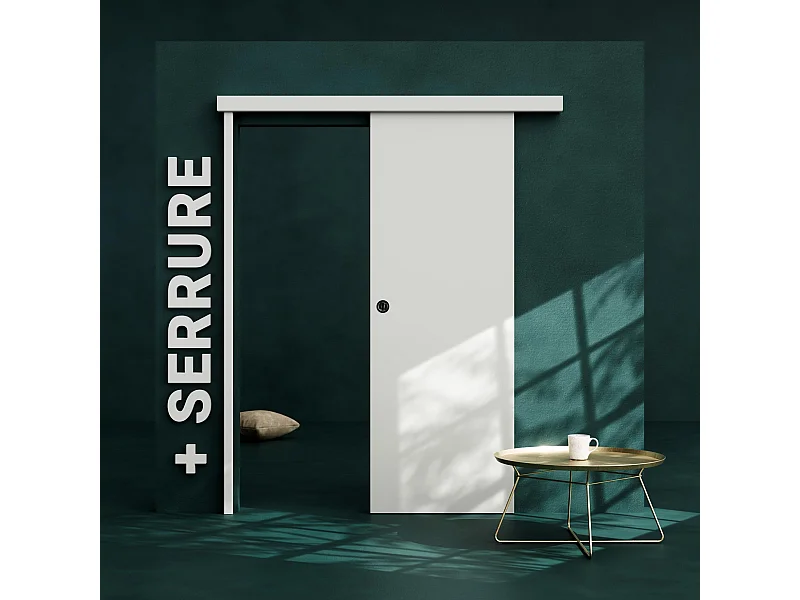 Porte Coulissante avec Rail + Serrure - Prépeinte Plane 73 cm