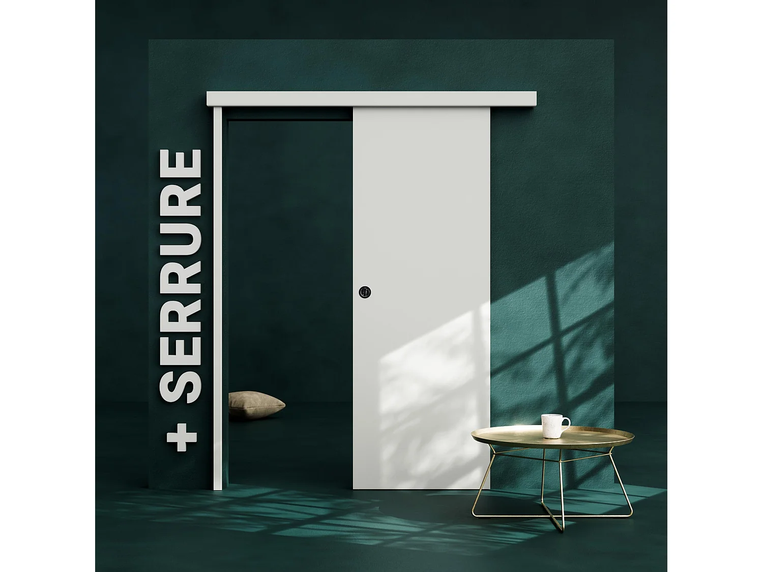 Porte Coulissante avec Rail + Serrure - Prépeinte Plane 73 cm