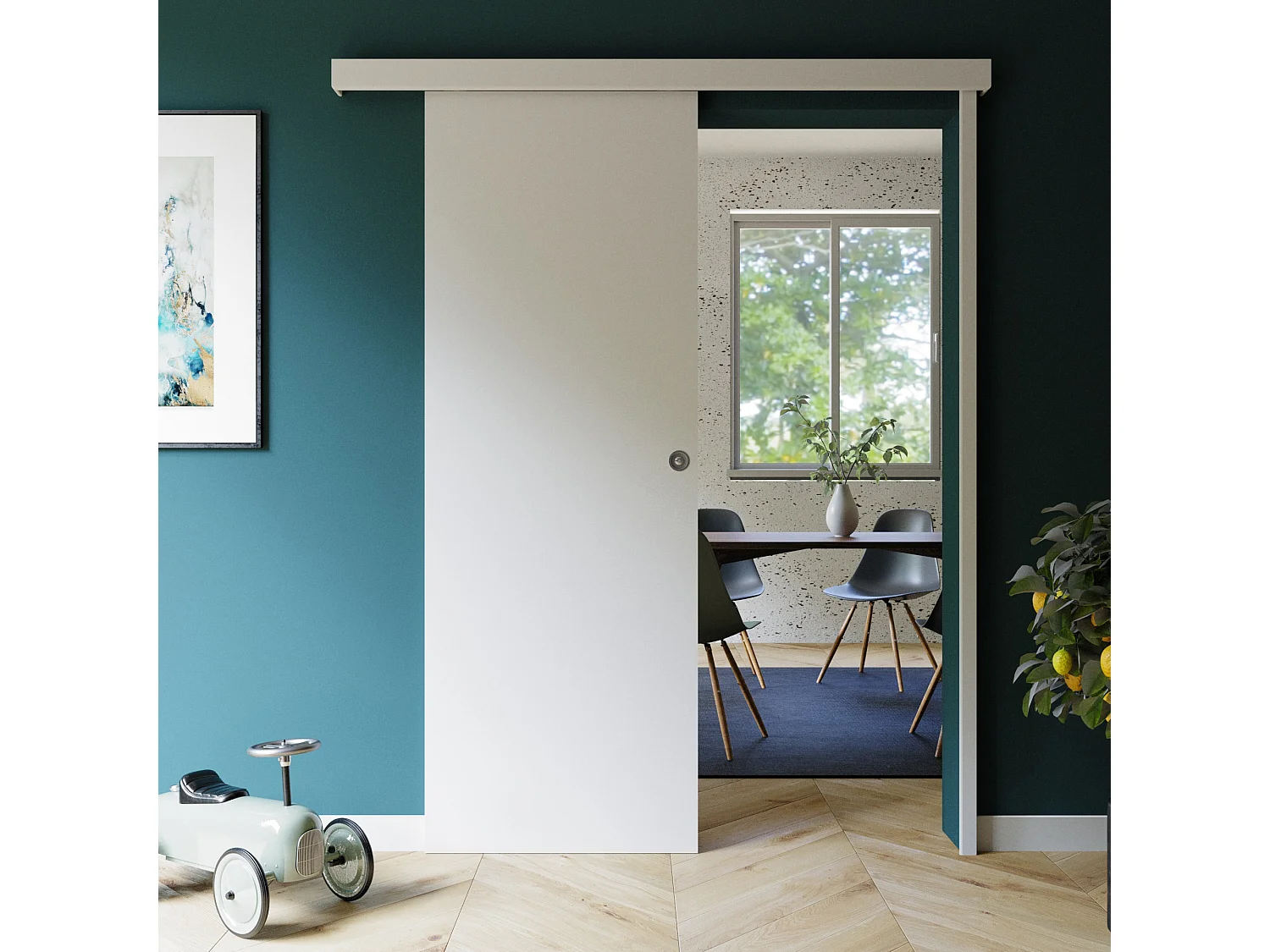 Porte Coulissante avec Rail + Serrure - Prépeinte Plane 73 cm