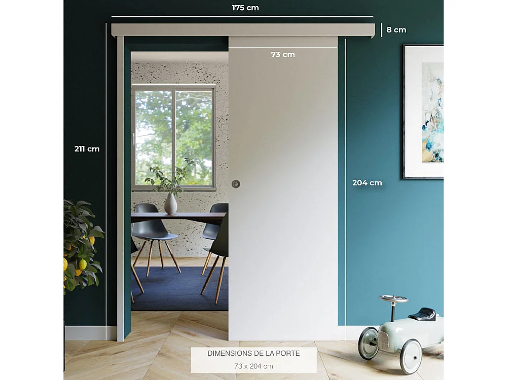 Porte Coulissante avec Rail + Serrure - Prépeinte Plane 73 cm