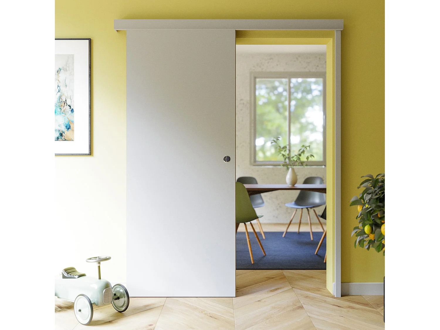 Porte Coulissante avec Rail - Prépeinte Plane 83 cm - Avec butée