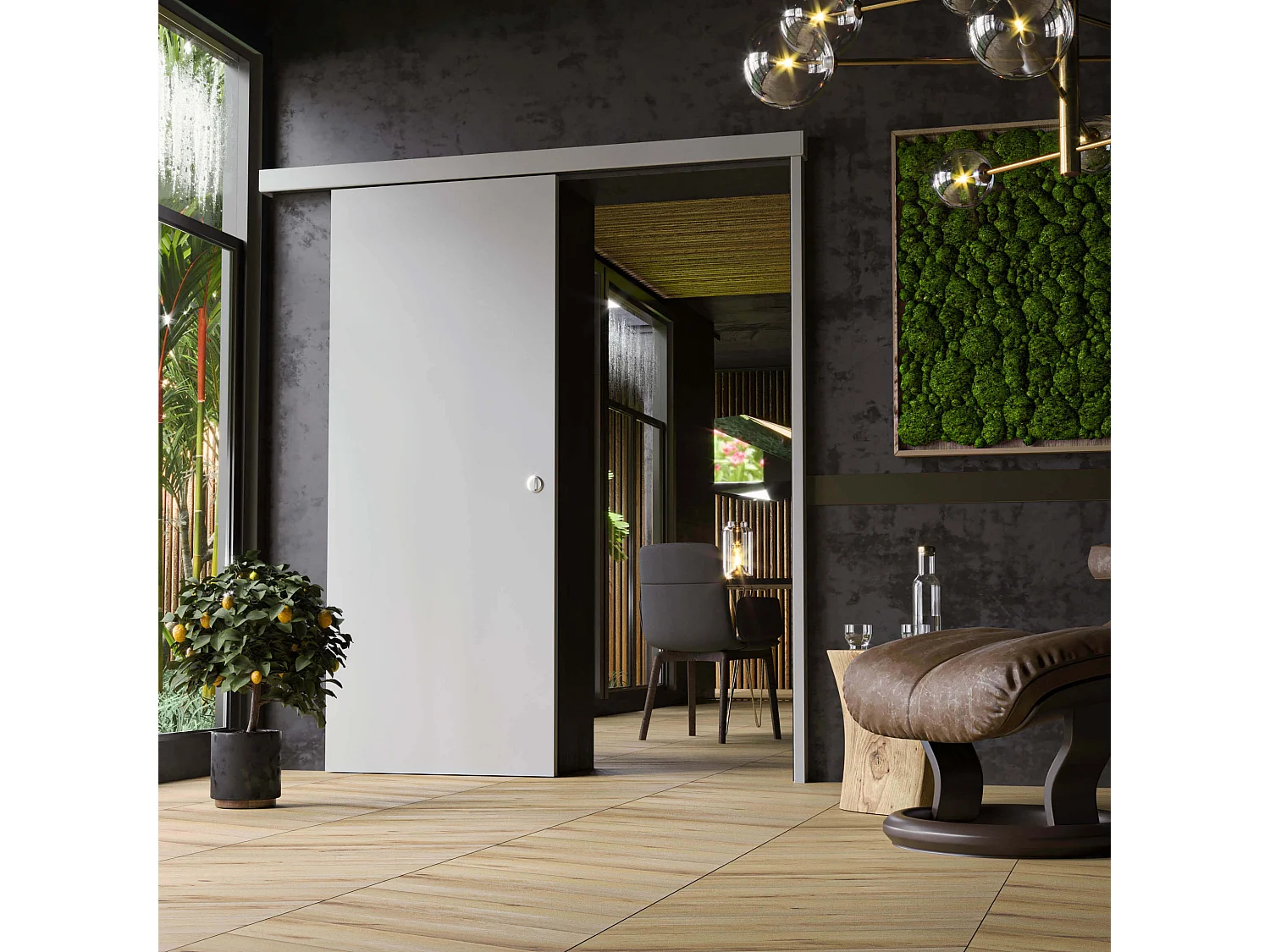 Porte Coulissante avec Rail - Prépeinte Plane 83 cm - Avec butée