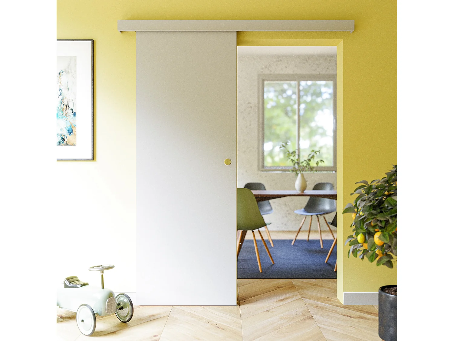 Porte Coulissante avec Rail - Prépeinte Plane 73 cm - Sans butée