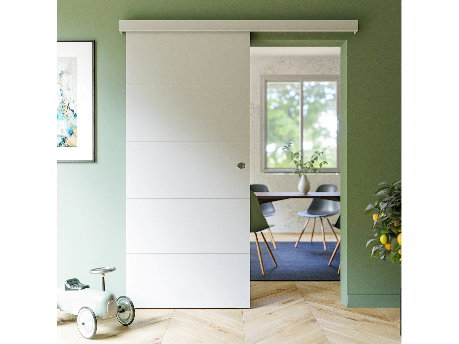 Porte Coulissante avec Rail - Prépeinte Ligne 93 cm - Sans butée