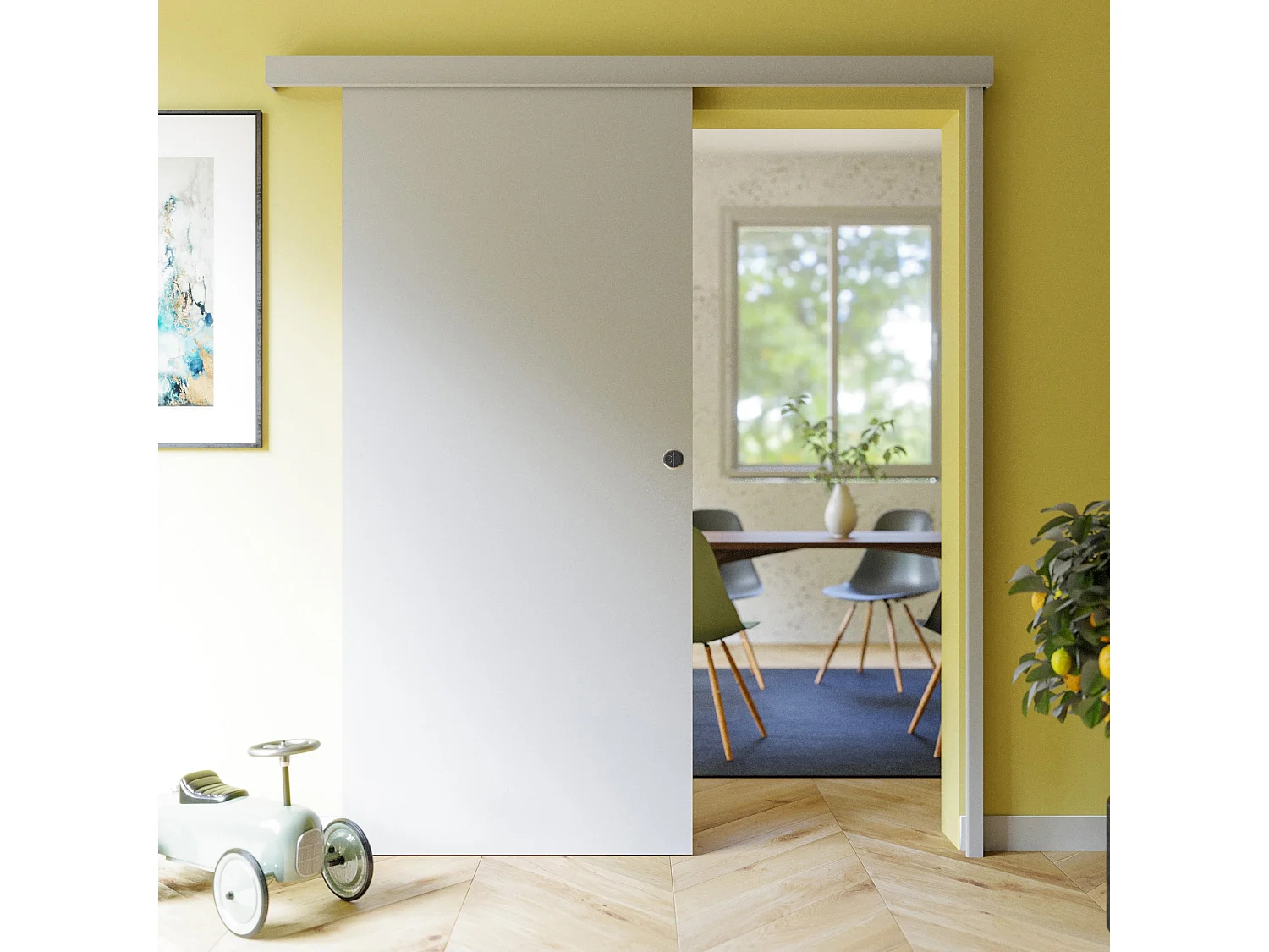 Porte Coulissante avec Rail - Prépeinte Plane 93 cm - Avec butée