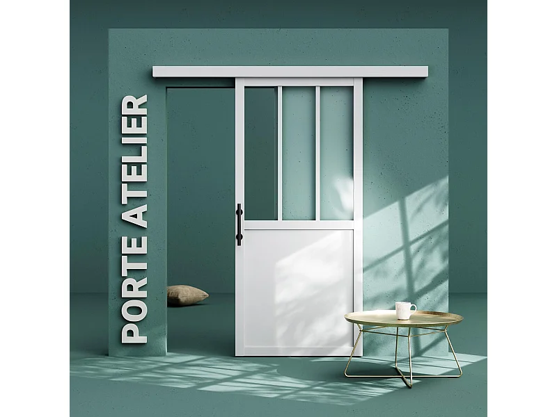 Porte Coulissante avec Rail - Atelier Blanche 83 cm - Avec poignée