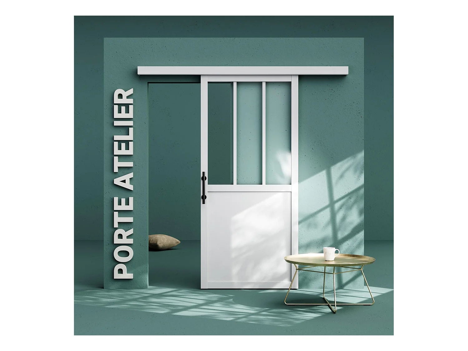 Porte Coulissante avec Rail - Atelier Blanche 83 cm - Avec poignée