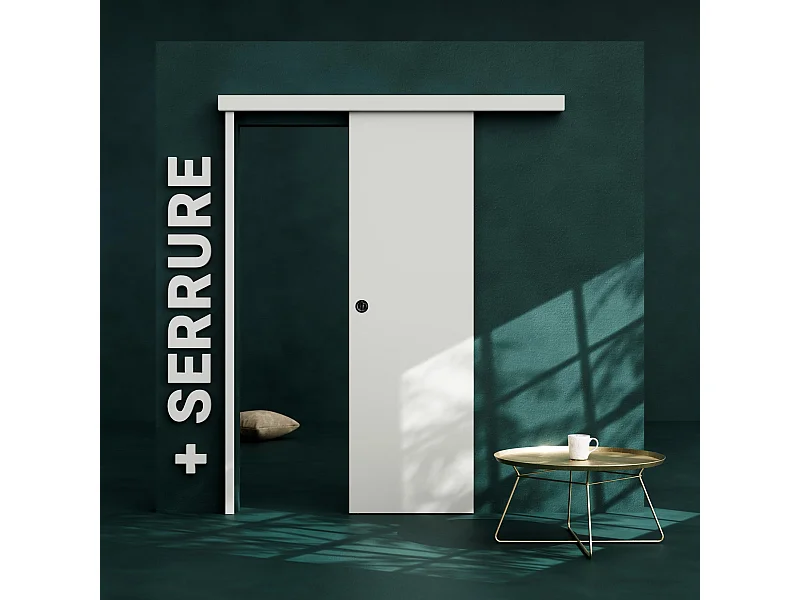Porte Coulissante avec Rail + Serrure - Prépeinte Plane 63 cm