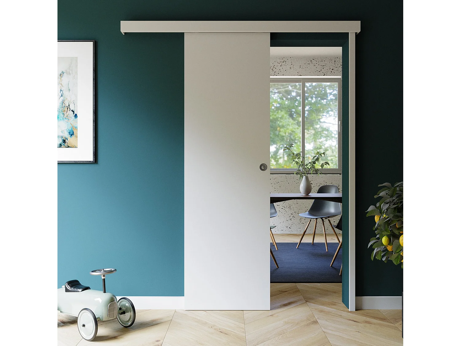 Porte Coulissante avec Rail + Serrure - Prépeinte Plane 63 cm