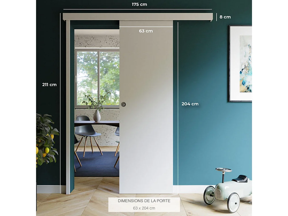 Porte Coulissante avec Rail + Serrure - Prépeinte Plane 63 cm