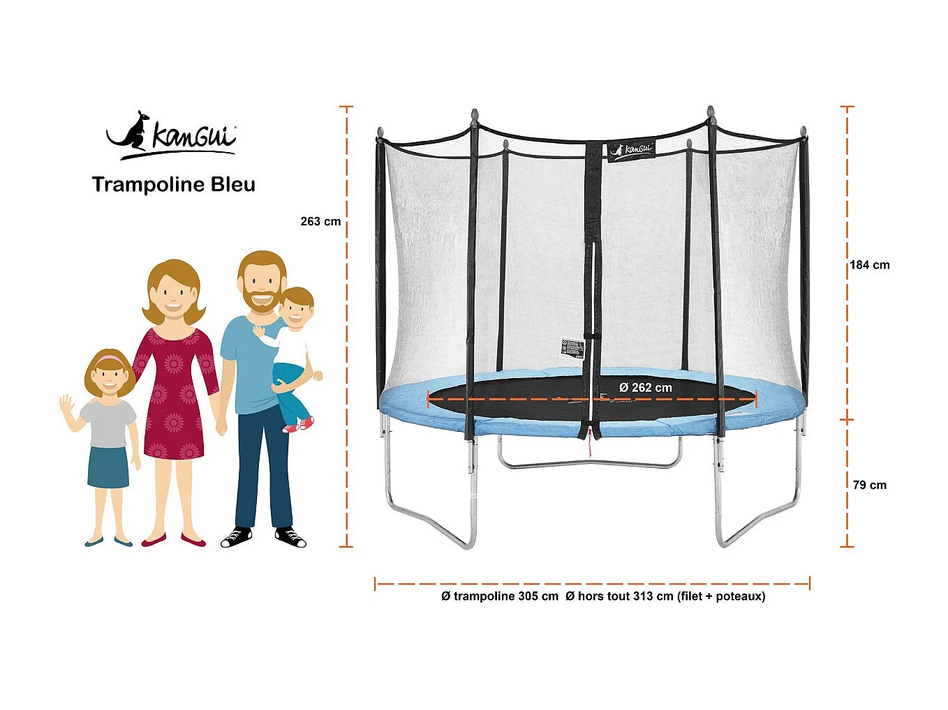 Kangui - Trampoline de jardin 305 cm+ filet de sécurité+ échelle+ bâche+ kit d'ancrage | Normes EU | Montage facile