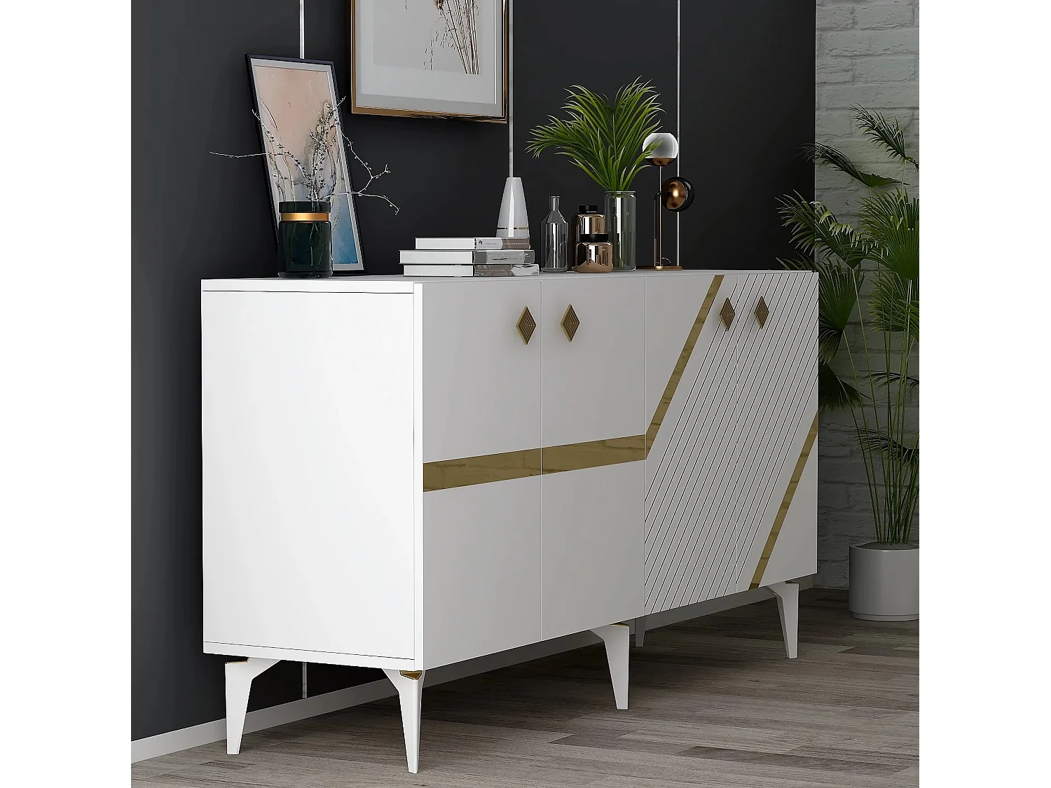 Aparador – 150 x 40 x 79 cm – Branco e Dourado – Painel de Partículas