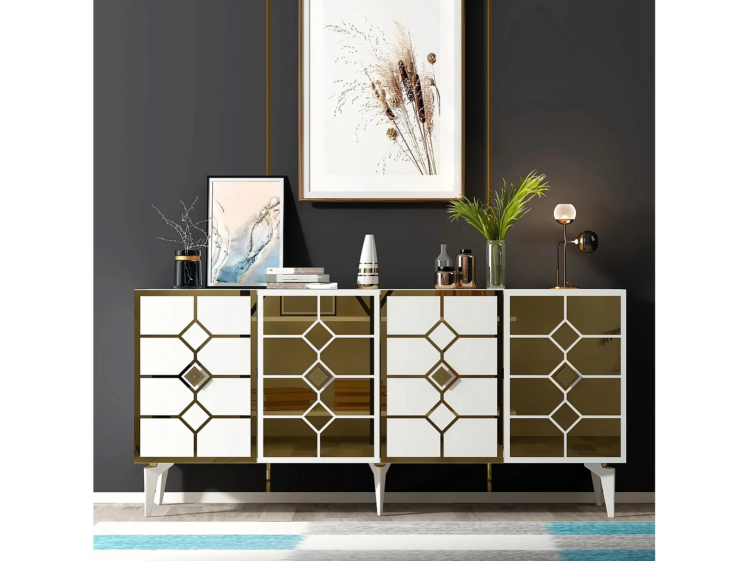 Aparador – 150cm x 40cm x 79cm – Branco e Dourado – Painel de partículas revestido a melamina