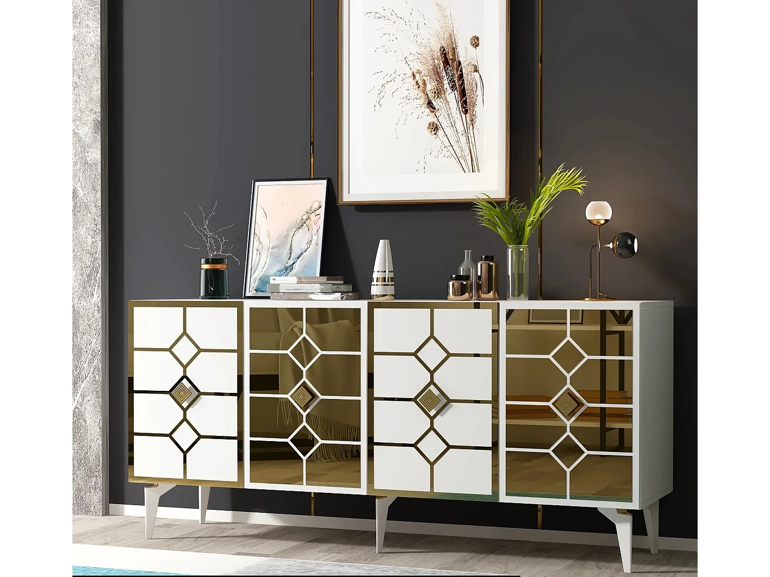 Aparador – 150cm x 40cm x 79cm – Branco e Dourado – Painel de partículas revestido a melamina