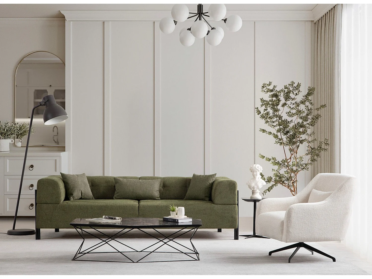 Canapé moderne 3 places Capertio Tissu Vert et Métal Noir