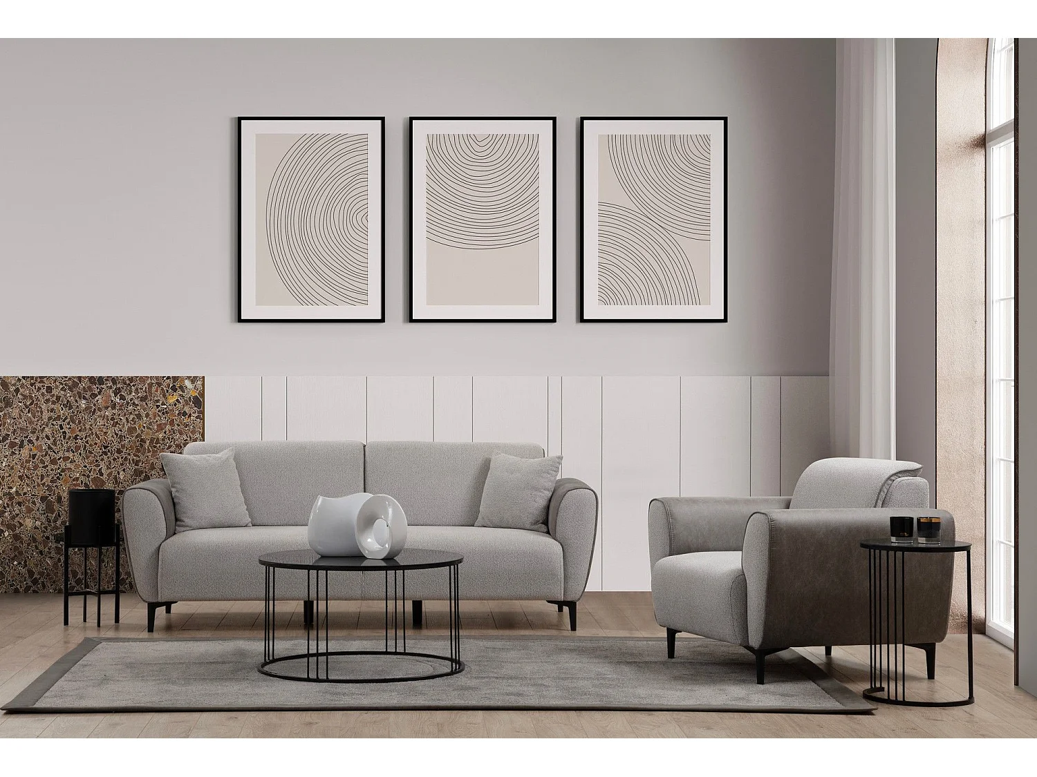 Canapé convertible 3 places Style Néo-rétro Softy Tissu bouclette et Effet simili en Velours Gris